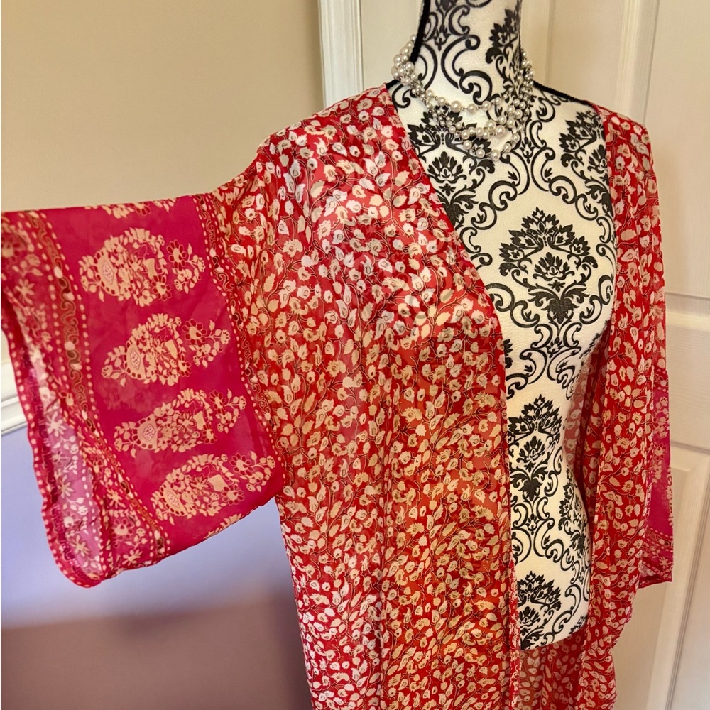 Boho PinkRed floral maxi long kimono beach coverup- L/XL - Picture 3 of 8
